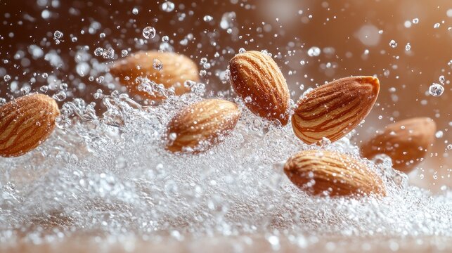 Almonds splashing in water droplets.