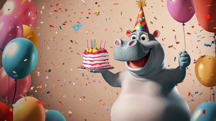 A happy hippo with a party hat celebrating its birthday holding a birthday cake with his trunk
