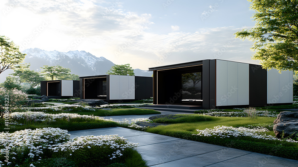 Poster modern minimalist cabins amidst lush greenery and mountains, showcasing serene architecture in a tra