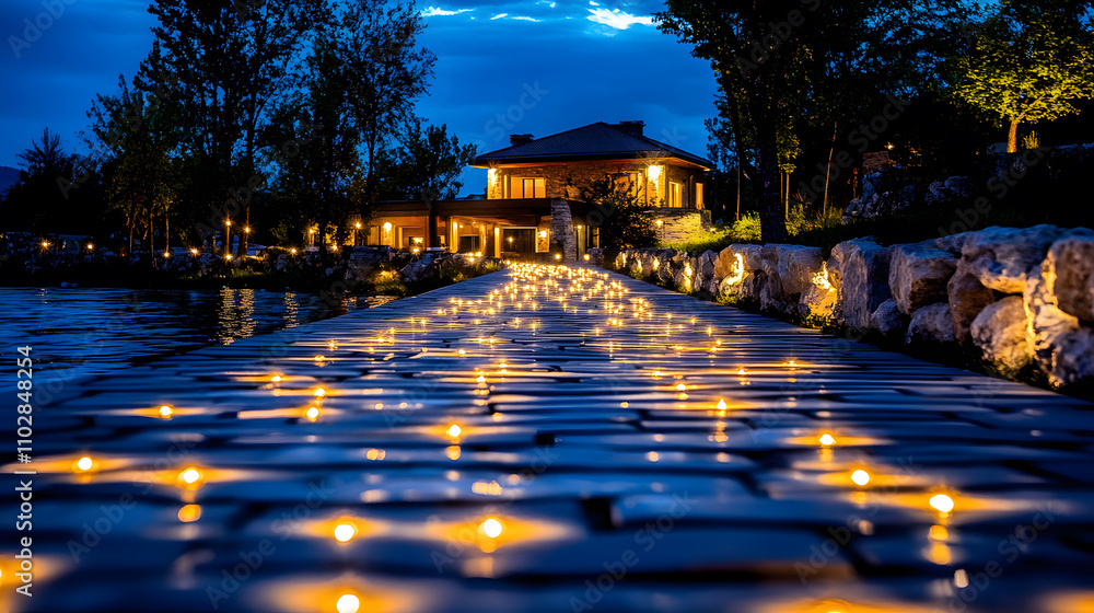 Poster a serene evening pathway illuminated by warm lights leading to a cozy house, surrounded by trees and
