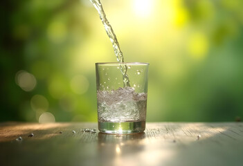 Refreshing water is poured into glass, creating bubbles and splashes, set against soft, blurred green background that evokes sense of tranquility and nature