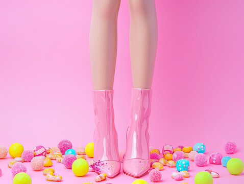 Plastic toy legs with high heels and little sweets on pastel pink background. Minimal art pink poster.