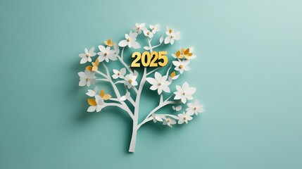 Decorative Paper Cut Tree with Floral Design and Text for the Year 2025 on a Soft Mint Background, Ideal for Seasonal Greeting Cards or Event Promotions