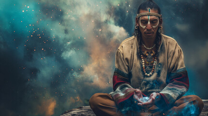 Indigenous shaman in meditative pose, channeling spiritual energy with a cosmic background.