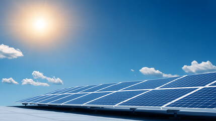 A solar panel array glistens under a bright sun against a clear blue sky, showcasing renewable energy technology