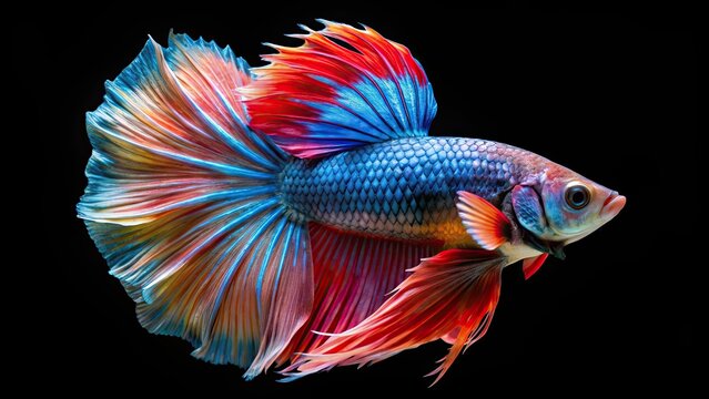 Vibrant multi color Siamese fighting fish showcasing its beautiful Rosetail and Halfmoon fins , Betta fish