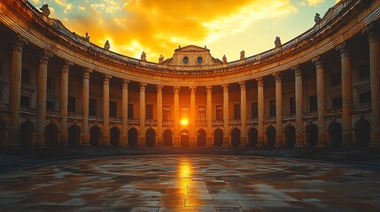 Naklejka premium Breathtaking sunset illuminating grand architectural columns and serene sky.