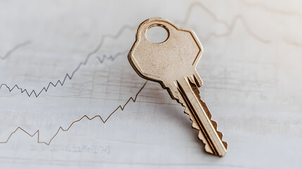 metallic house key positioned across financial graph, symbolizing security and investment. key represents access and opportunity in fluctuating market