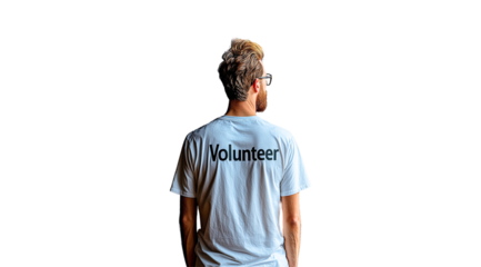 PNG, volunteer day, fundraising, male volunteer, isolated on white background, generated by artificial intelligence, AI.