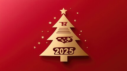 Festive Red Christmas Tree Design with Gold Elements for Holiday Celebration and New Year 2025 Featuring Stars and a Playful Santa Sleigh