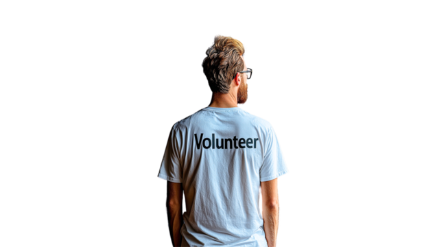 PNG, volunteer day, fundraising, male volunteer, isolated on white background, generated by artificial intelligence, AI.