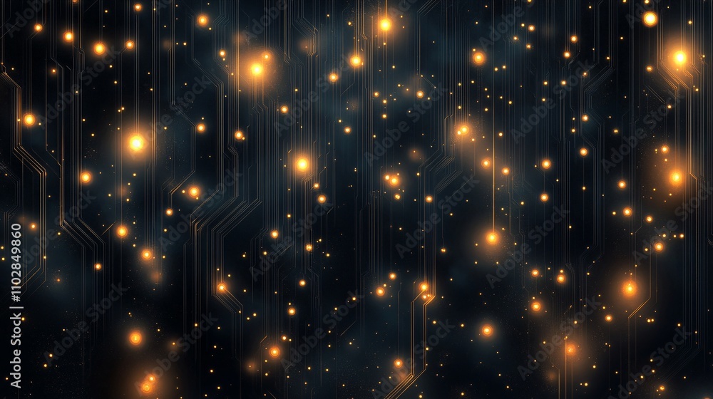 Aufkleber a network of glowing circuits extending across a dark, moody background --ar