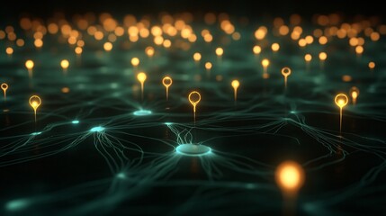 A network of glowing circuits extending across a dark, moody background