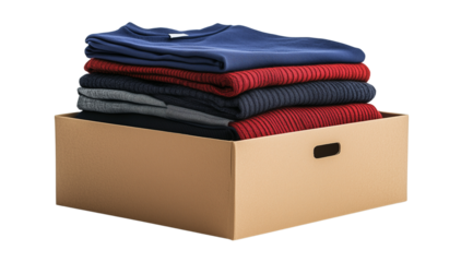 PNG, volunteer day, clothes in a box, isolated on white background, generated by artificial intelligence, AI.