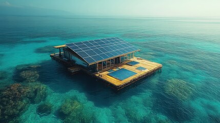 Obraz premium a solar power plant on a floating platform, surrounded by clear blue waters.