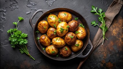 Baked potatoes in a cast iron skillet on a dark background, food, potatoes, cast iron skillet, cooking, delicious, rustic, oven