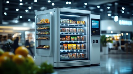 Modern vending machine offering snacks and beverages in a bright environment.