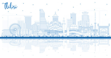 Obraz premium Outline Tbilisi Georgia City Skyline with Blue Buildings and reflections. Tbilisi Cityscape with Landmarks. Business Travel and Tourism Concept with Historic Architecture.