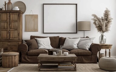 A living room with a brown couch, coffee table, and a white framed picture