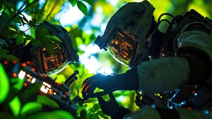 Aliens Earth Machines, A team of alien scientists meticulously analyzing a sophisticated technological interface in a captivating natural environment