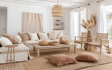 Fototapeta premium A living room with a white couch, a coffee table, and a few chairs