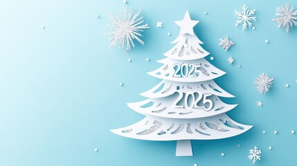 Obraz premium Festive Paper Cut Christmas Tree with 2025 Design and Snowflakes on Light Blue Background for Holiday Celebrations and Seasonal Decor