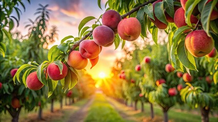 Ripe red peaches hanging from branches in an orchard at sunset, peaches, ripe, red, orchard, fruit, branches, sunset, agriculture
