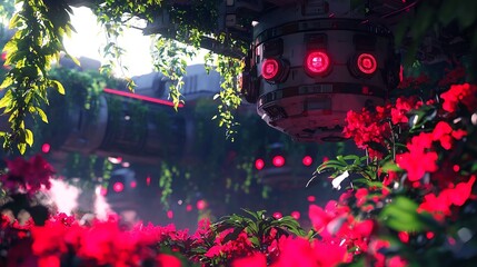 Aliens Earth Machines, Curious Alien Emissaries Exploring Primitive Human Technology in Verdant Alien Landscape