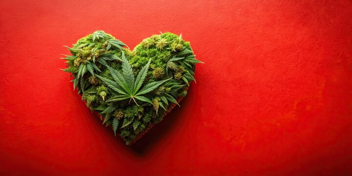 Marijuana heart symbol on a vibrant red background for Valentine's Day celebration , cannabis, love