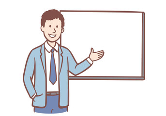 A man is teaching and giving a presentation. Hand drawn style vector design illustrations.