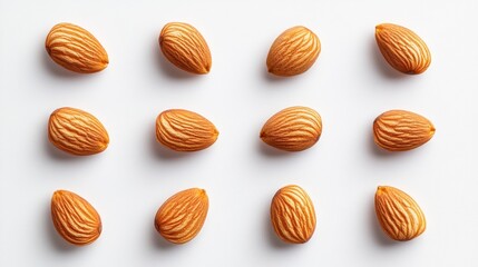 Aromatic, whole almonds arranged in a grid pattern on a white background.