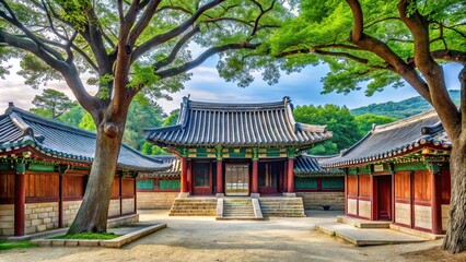 Obraz premium Korean Confucian Academy surrounded by old trees with spirit gate in Joseon Dynasty era , Korean, Confucian