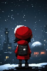 Child in red coat gazes at snowy winter cityscape under night sky
