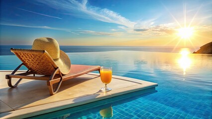 Obraz premium Beautiful summer scene with a pool, sun lounger, straw hat, sunglasses, orange juice, and sea view, Summer