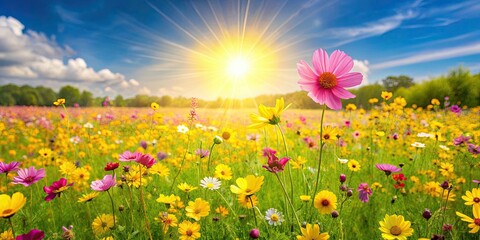 Beautiful summer meadow background with a field of yellow and pink flowers under a bright sun shining, Summer, meadow