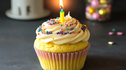A pastel yellow birthday cupcake with colorful sprinkles and a lit candle
