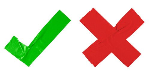 A green check mark and red x cross tape isolated in transparent background. Concept of approval or agree and disapproval or disagree.