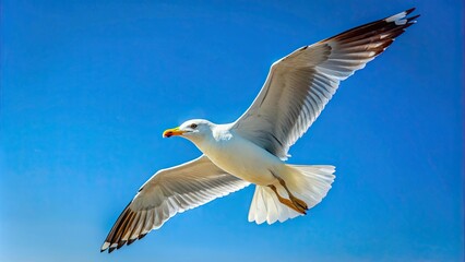 Obraz premium Seagull gliding gracefully through the clear blue sky, Seagull, flying, graceful, beautiful, alone, sky, bird, wings, freedom