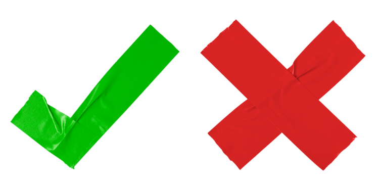 A green check mark and red x cross tape isolated in transparent background. Concept of approval or agree and disapproval or disagree.