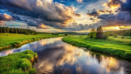 River flowing through lush green field under dramatic cloudy sky during sunset in Quebec, Canada , Quebec, Canada