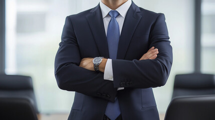 Confident Businessman: Portrait of a successful businessman with arms crossed, exuding confidence and professionalism in a modern office setting.  