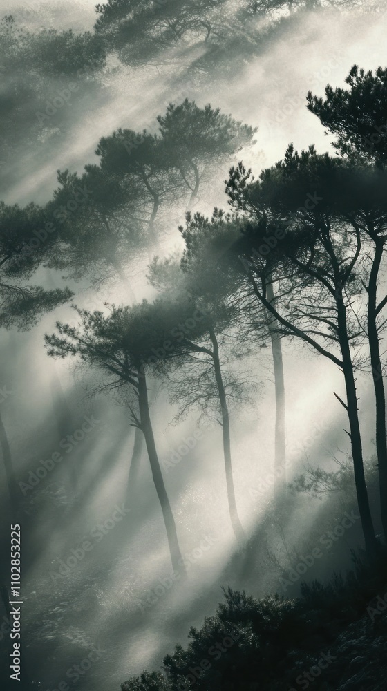 Poster a misty forest scene with tall trees and soft light filtering through the fog.