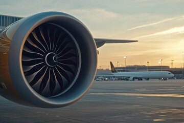 Close-Up View of a Modern Aircraft Jet Engine with Spinning Turbine Blades Against a Background of Airplane at Sunset on Airport Runway