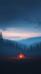serene camping scene featuring tent by glowing bonfire, surrounded by misty mountains and tall trees. tranquil atmosphere evokes sense of adventure and peace