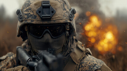Modern military combat scene featuring soldier in tactical gear, holding gun amidst explosions. atmosphere is intense and dramatic, showcasing realities of warfare