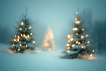 Blurry photograph of three Christmas trees with lights in the snow, soft blue background creating a dreamy winter atmosphere.