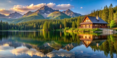 Fototapeta premium Guest house on the shore of a tranquil lake in Tatra National Park, Poland, Tatra National Park, guest house, tourists, lake