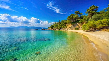 Fototapeta premium Sunny Mediterranean beach in Halkidiki, Greece , Beach, Mediterranean, Sunny, Halkidiki, Greece, Sand, Waves, Clear, Blue