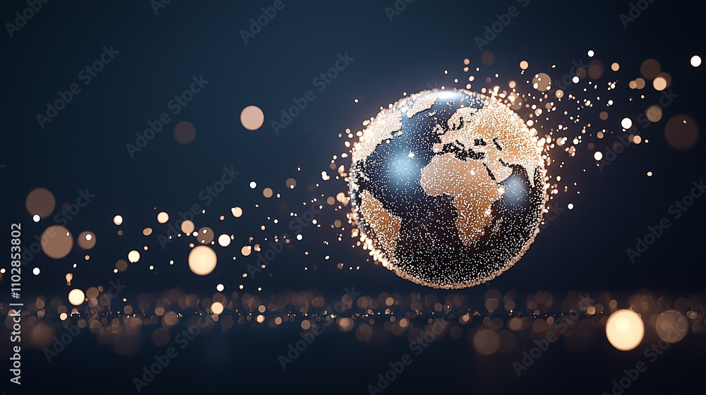 Poster global connection: a mesmerizing 3d rendering of planet earth, composed of shimmering particles, evo