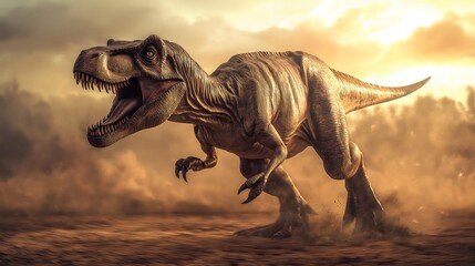 Roaring Tyrannosaurus Rex in dusty prehistoric landscape at sunset.